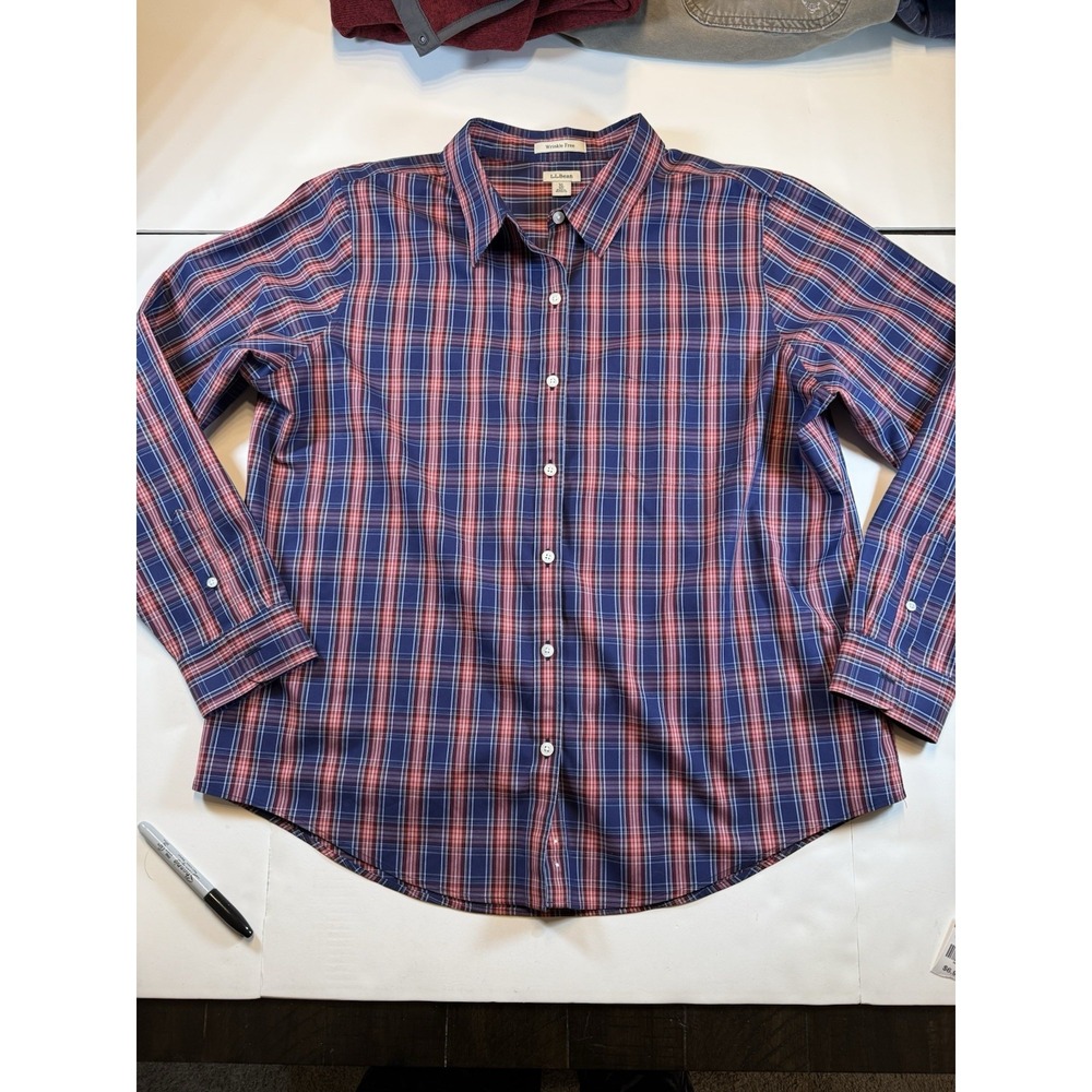 LL Bean‎ Men Long sleeve red blue Plaid Button Up Shirt Wrinkle-Free size XL